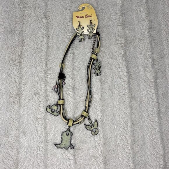 New Western Charm Metal Necklace Earring Set Cowgirl Country Guitar Boot - Picture 1 of 9